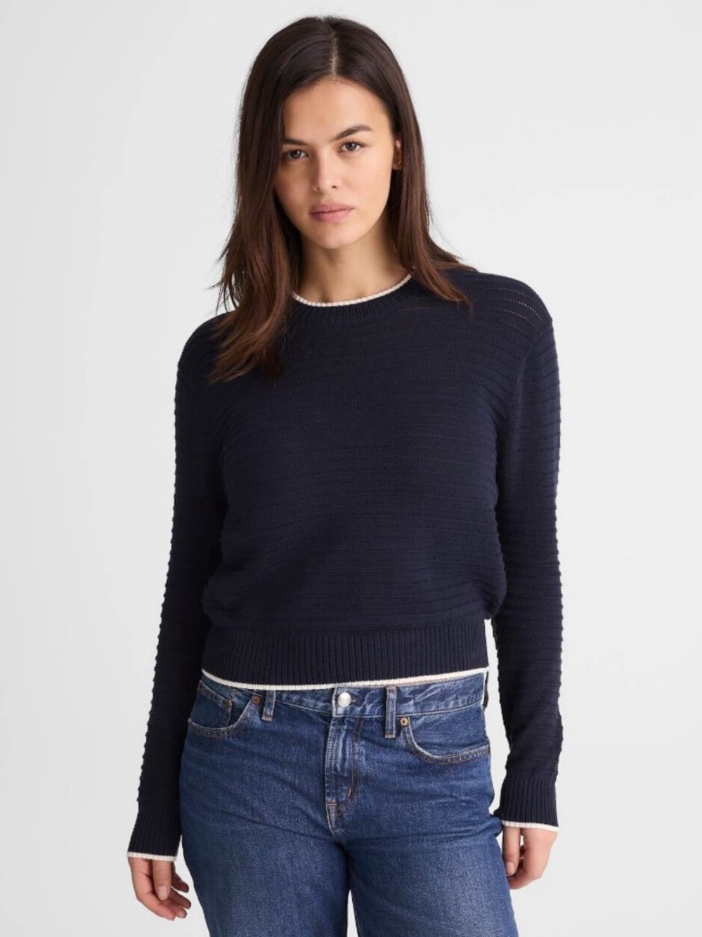 Madewell Striped Textured-Stitch Crewneck Sweater in 100% Cotton Navy XS NEW